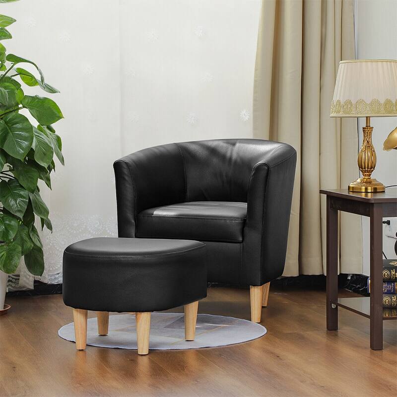 Faux Leather Armchair Upholstered Barrel Accent Sofa W/ Ottoman Black - 27" x 28.50" - 27" x 28.50" - Black