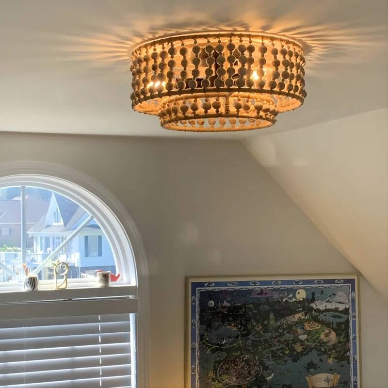 Boho 3-Light Drum Wood Beaded Flush Mount Ceiling Light