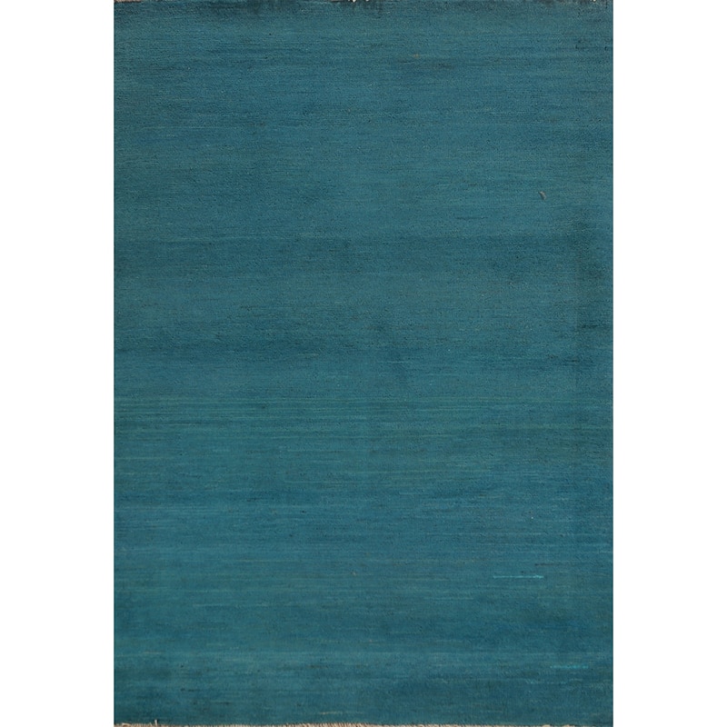 Teal Blue Gabbeh Modern Rug Handmade Wool Carpet - 3'4" x 4'11"