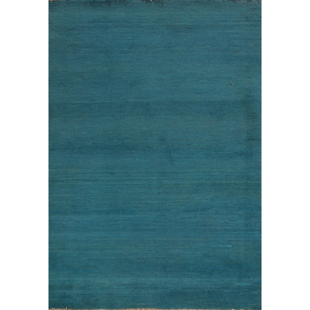 Teal Blue Gabbeh Modern Rug Handmade Wool Carpet - 3'4" x 4'11"