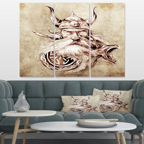 Designart "Viking Warrior Tattoo Sketch" Abstract Portrait Canvas Print - 36x28 - 3 Panels