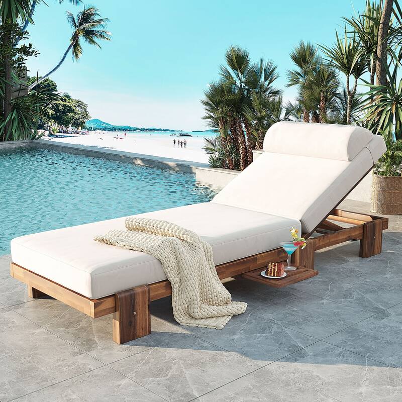 78.8"Patio Chaise Lounge Chair, Acacia Wood Adjustable Recliner with Headrest and Retractable Side Tray - Beige