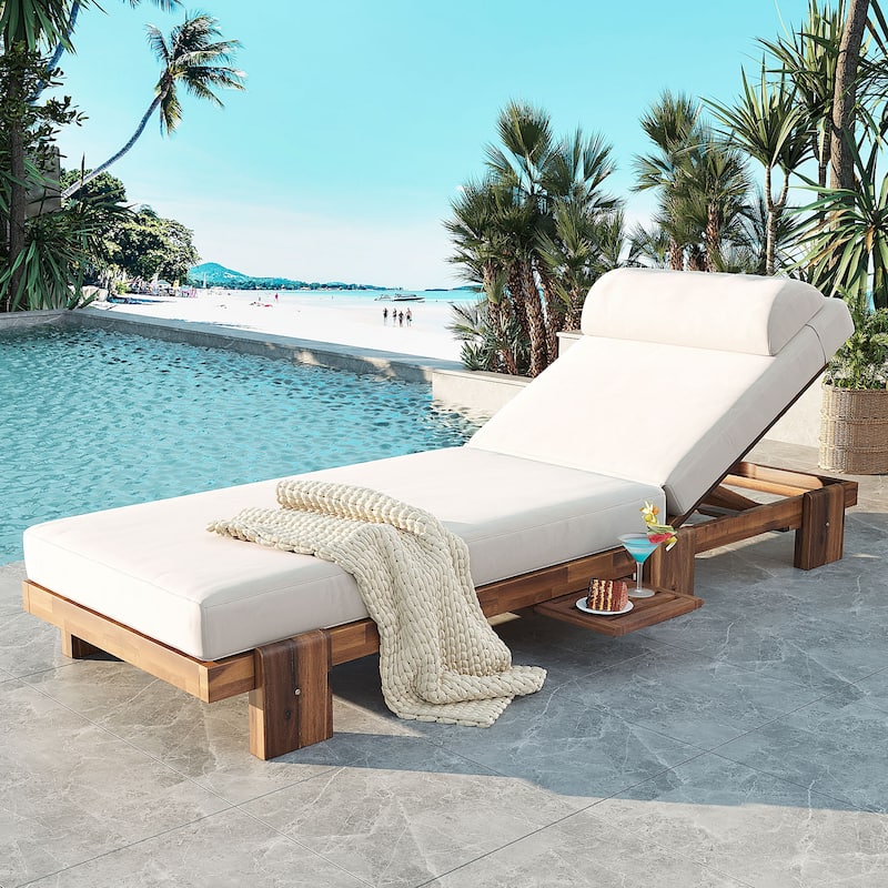 Roomfitters 78.8" Outdoor Patio Chaise Lounge Chair with Adjustable Backrest and Side Table for Poolside & Garden - Beige