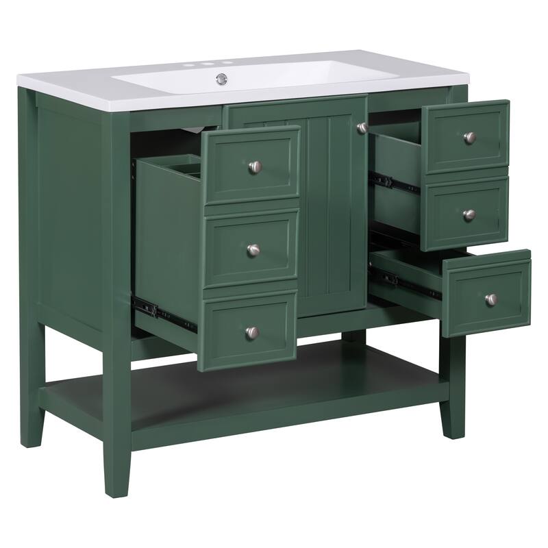 Freestanding 36" Bathroom Vanity Cabinet with Ceramic Sink & Open Storage Shelf