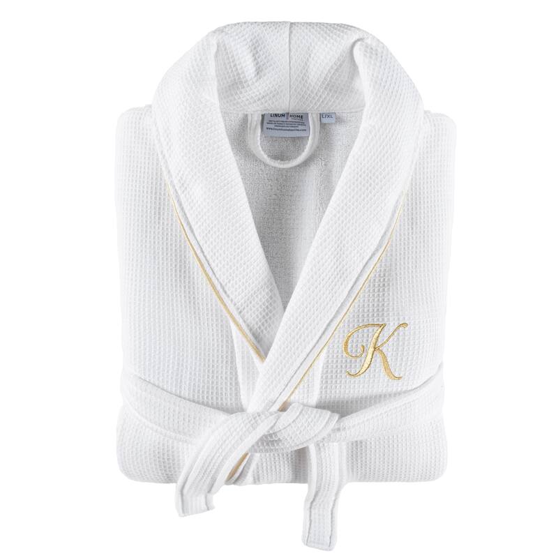 Authentic Hotel and Spa White/Gold Unisex Turkish Cotton Waffle Weave Terry Bath Robe with Gold Script Monogram - S/M - K