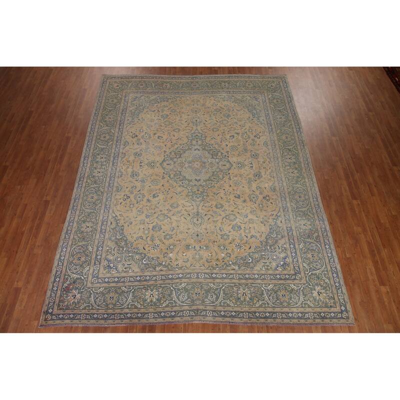 Hand Knotted Oriental 100% Wool Carpet Traditional Floral Peach Kashan Area Rug - 11' 11'' X 9' 7''
