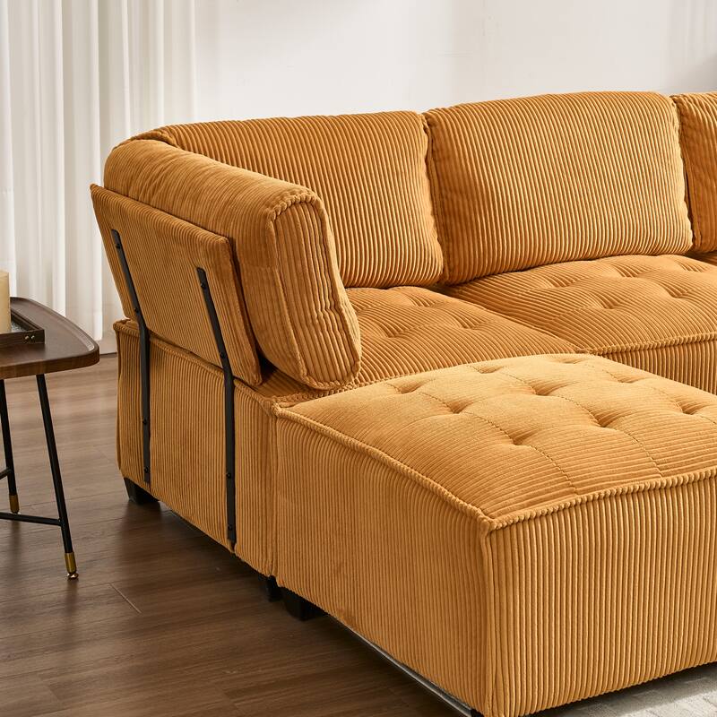 121.26" Corduroy Modular Sectional Sofa 6- Seat U Shaped Couch with Reversible Chaise and Ottoman