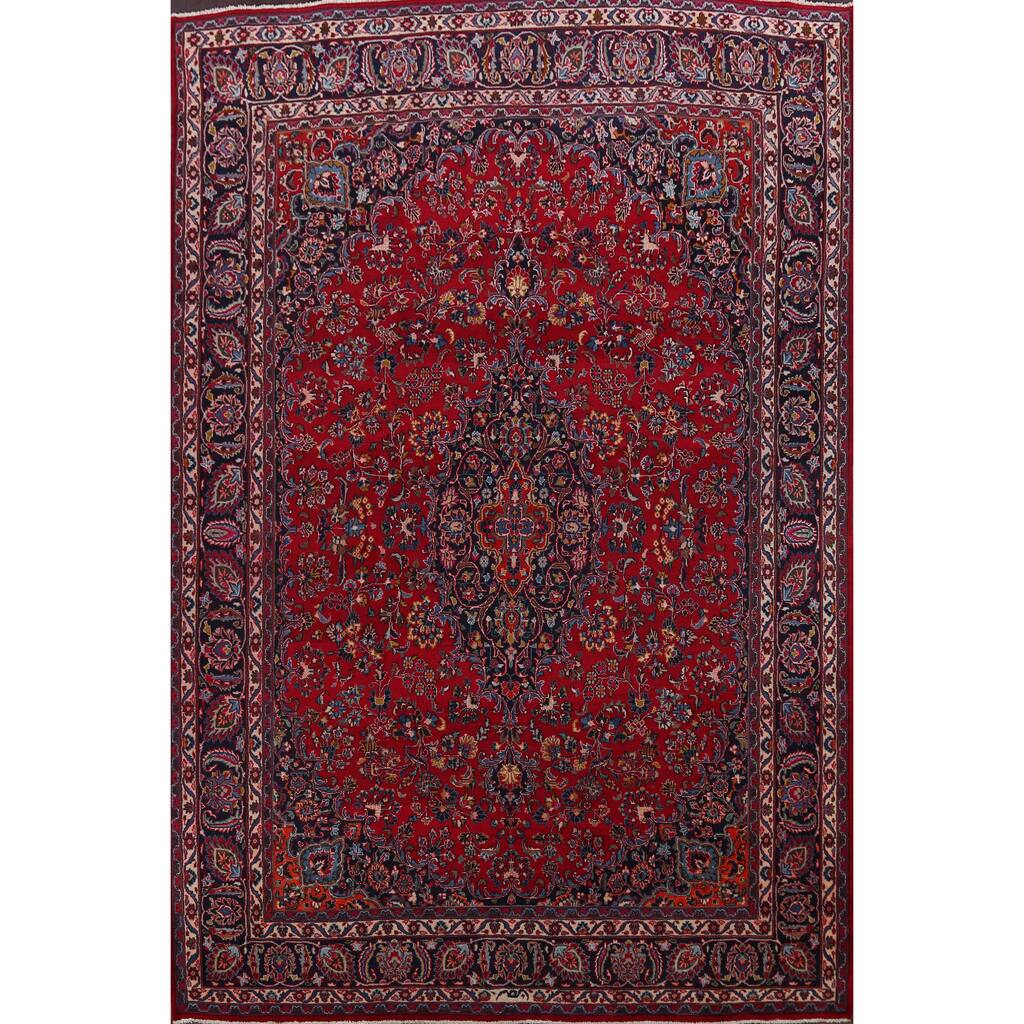 Vintage Floral Red Mashad Persian Living Room Area Rug Wool Handmade - 9'6" x 12'9"