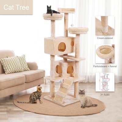 59.5" Cat Tree Cat Tower with Scratching Ball, Plush Cushion, Ladder and Condos for Indoor Cats, Beige