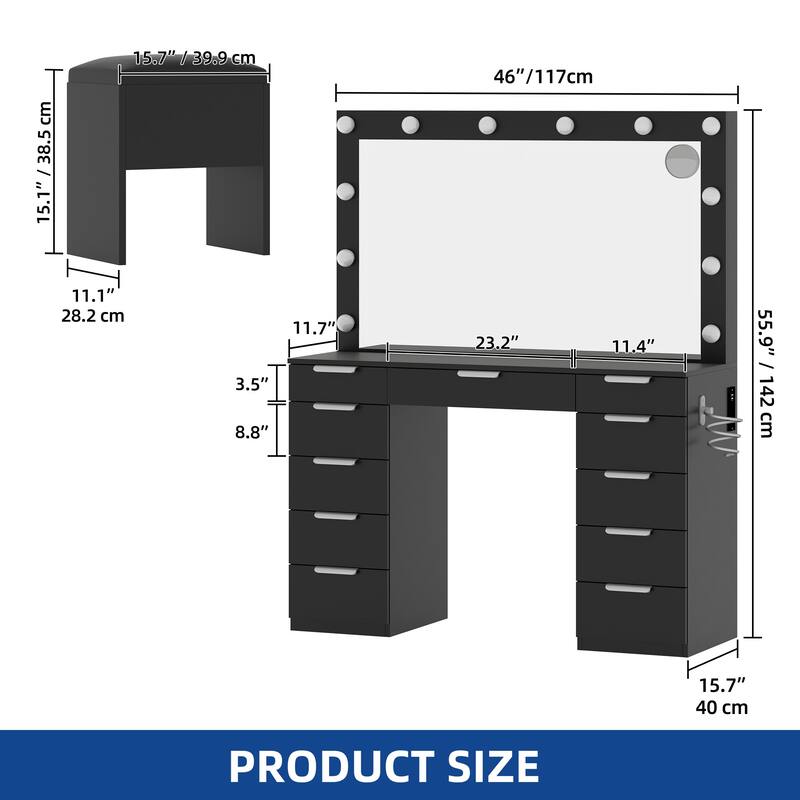 Moasis White 10-Drawer Cosmetic Vanity Desk Set with Glass Tabletop Makeup Vanity with LED Strip