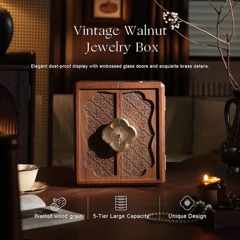 Modern Walnut Color Double-Door with Begonia Locking 5-Layer Jewelry Box - 9.06