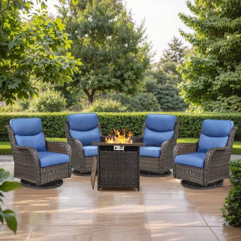 5 Pieces Outdoor Gliders Chairs Fire Pit Table with 5-Inch Thick Cushions - Brown Rattan - Blue Cushion - 5PCS Swivel Chairs with Square Fire Table