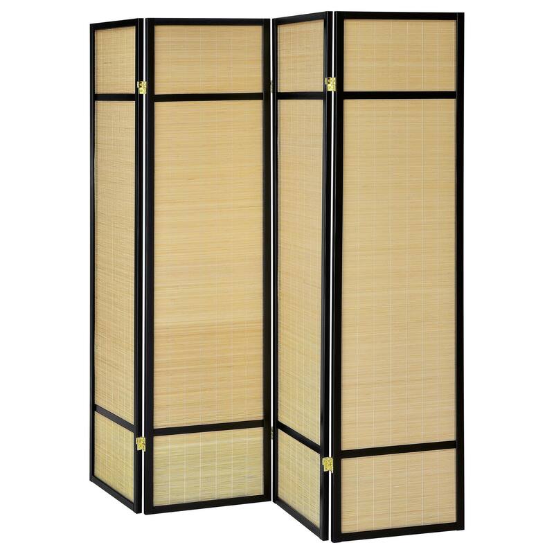 Arce 4 Panel Foldable Privacy Screen, Bamboo, Black Pine Wood Frame