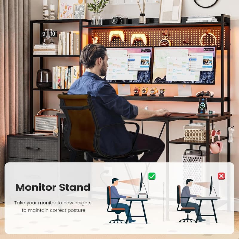 Computer Desk Gaming Desk 2 Drawers Shelves Pegboard 8 Hooks
