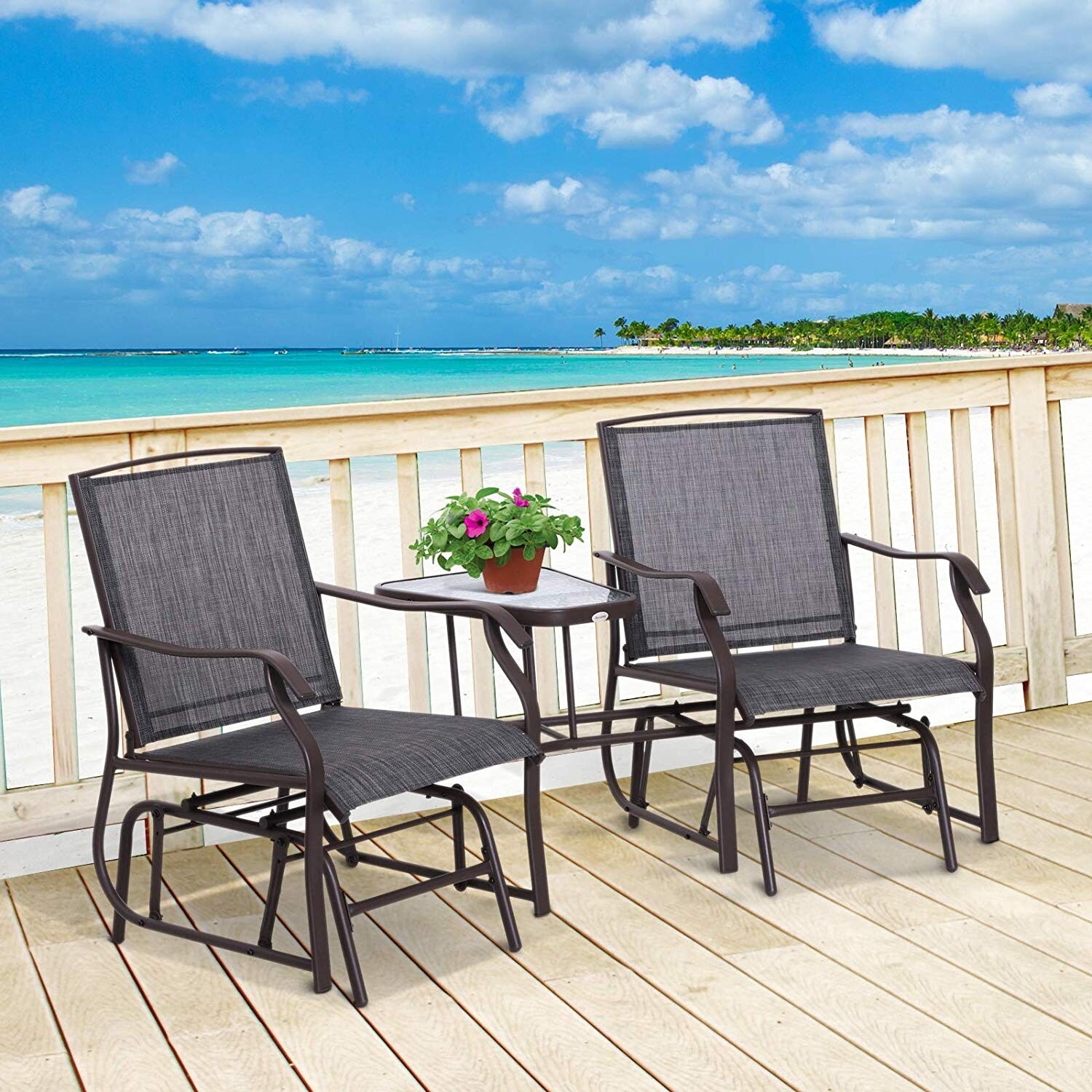 Shop Sylvestere Outdoor Sling Fabric 3 Piece Double Glider Rocker Chairs With Table Set By Havenside Home Overstock 28228572 Brown