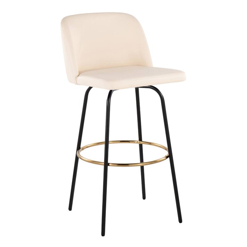 Silver Orchid Vallberga 30" Fixed-Height Bar Stool with Metal Base & Round Gold Footrest (Set of 2) - Cream Faux Leather/Black Metal Base