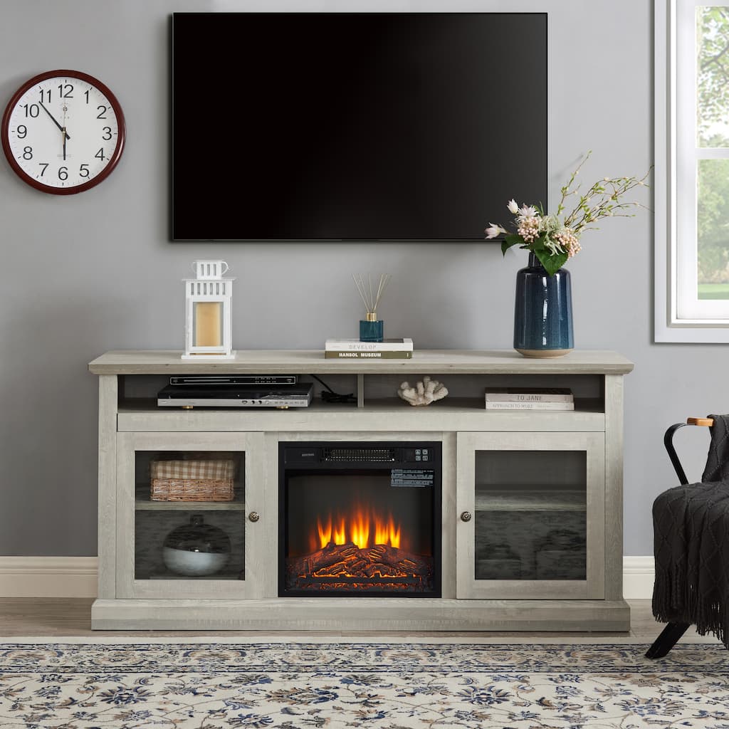 Contemporary TV Media Stand Modern Entertainment Console with 18" Fireplace Insert for TV Up to 65" with Open and Closed Storage