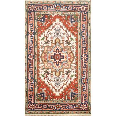Hand Knotted Oriental 100% Wool Carpet Traditional Medallion Beige & Ivories Heriz (serapi) Area Rug - 5' 0'' X 3' 0''