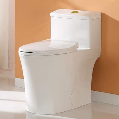 HOROW One-Piece 0.8/1.28 GPF Dual Flush Elongated Toilet in White Seat Included and Brushed Gold Button - 12'' rough in