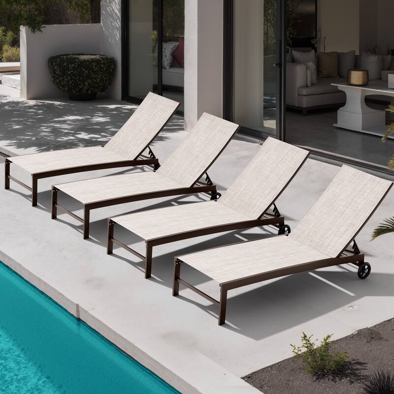 Outdoor Patio Aluminum 5-Position Adjustable Chaise lounge Chairs with Wheels - Beige-4PC