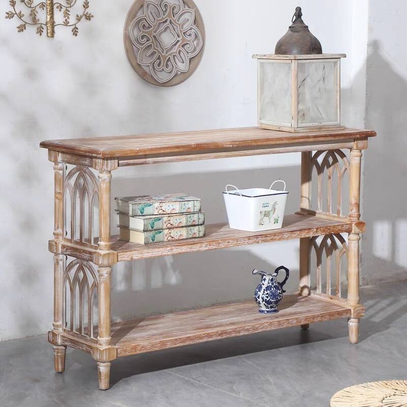 Rustic Gothic Style Wooden Console Table Entryway Table Side Table with 3 Open Shelves, for Hallway Living Room