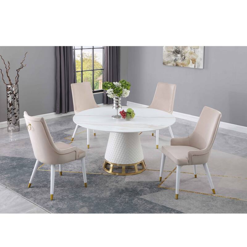 Somette Klone Sintered Stone Dining Set with Beige Velvet Chairs