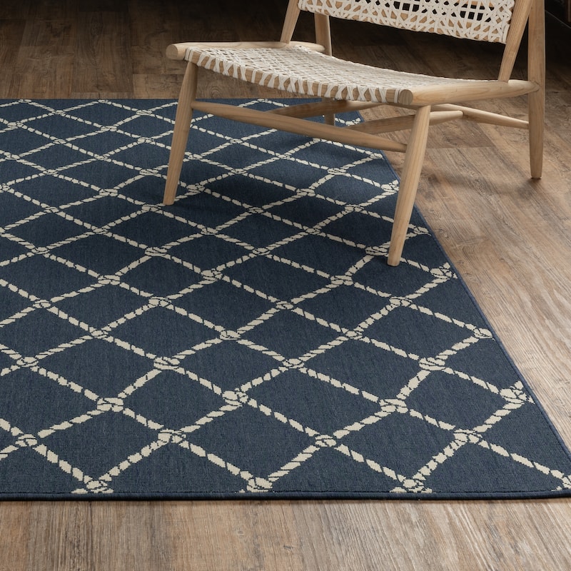 Miramar Nautical Rope Lattice Navy/ Ivory Indoor/Outdoor Area Rug-