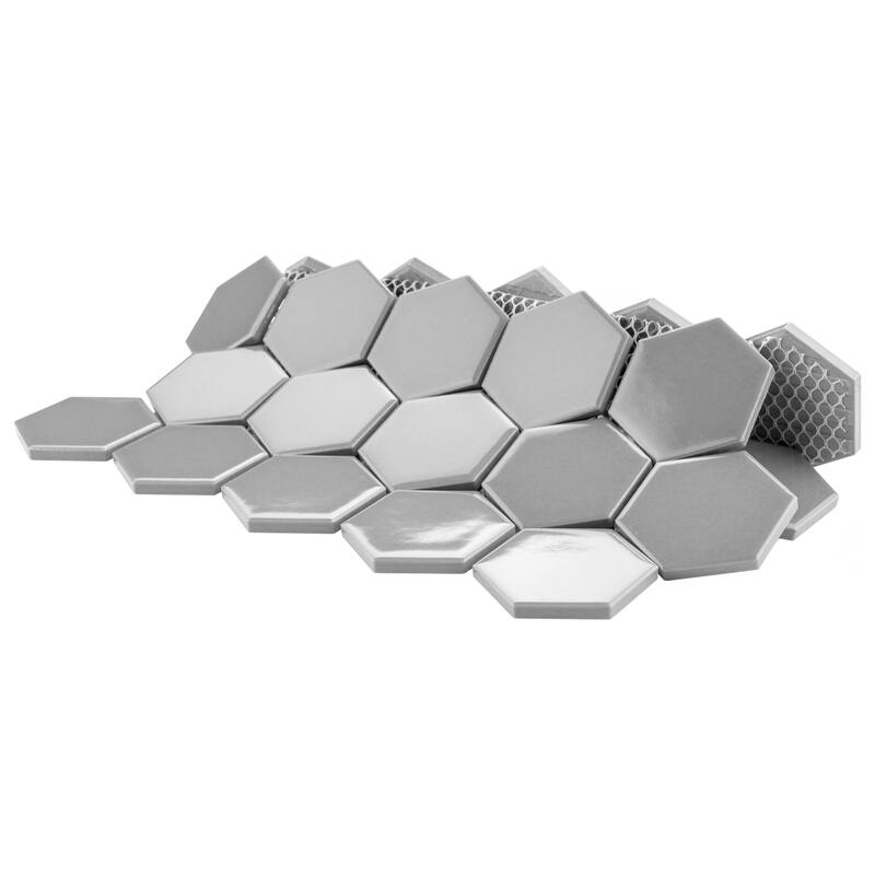 Merola Tile Metro 2" Hex Glossy Light Grey 11-1/8" x 12-5/8" Porcelain Floor and Wall Tile