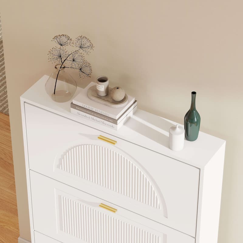 Slim Shoe Cabinet, Fluted Hidden Shoe Storage Cabinet with 3 Flip Drawers