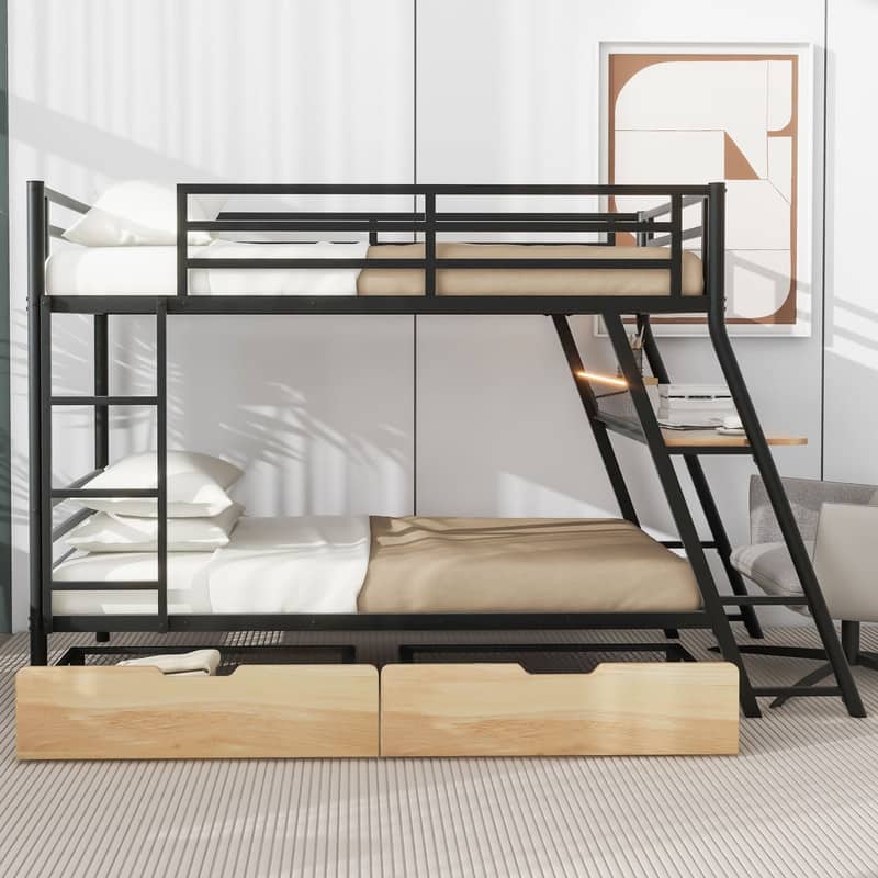 Metal Full Size Bunk Bed with Built-in Desk, Light and 2 Drawers