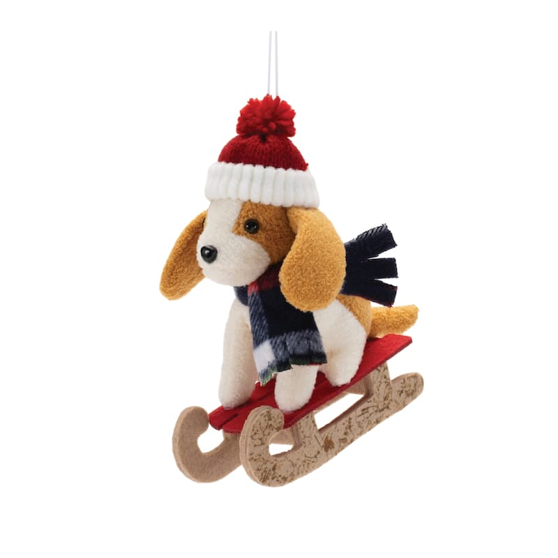 Set of 6 Christmas Plush Dog Ornaments with Ski and Sled Cute Winter Holiday Decorations