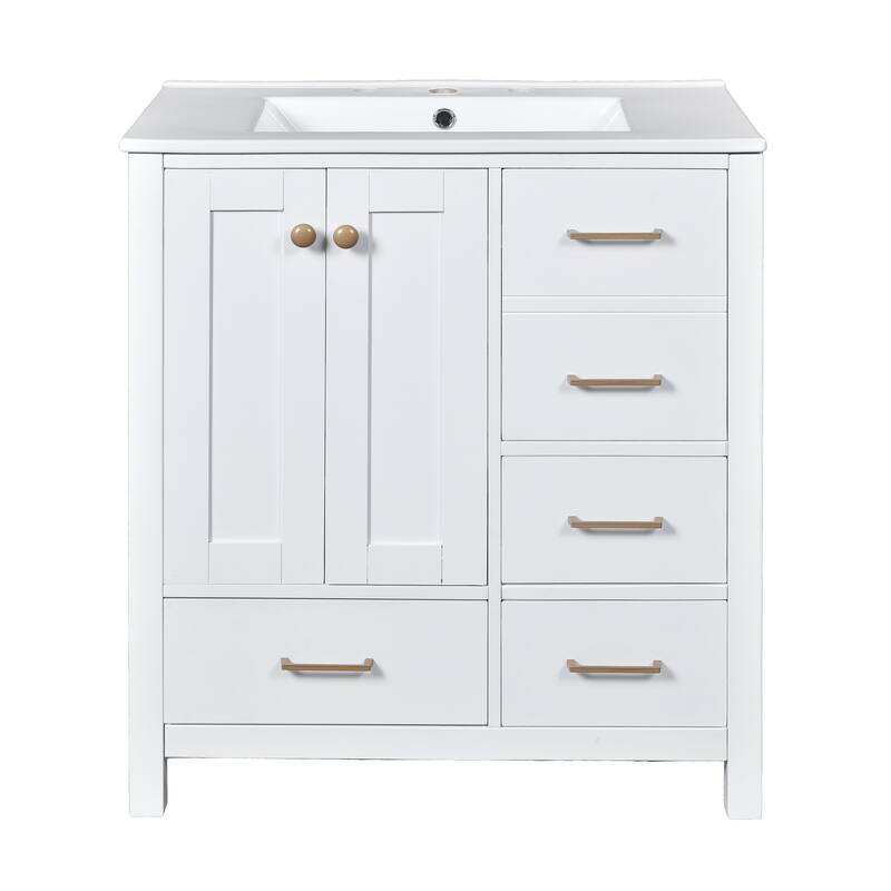 24'' Freestanding Bathroom Vanity in White with White Integrated Ceramic Sink - 30'' x 18.3'' x 33.8''