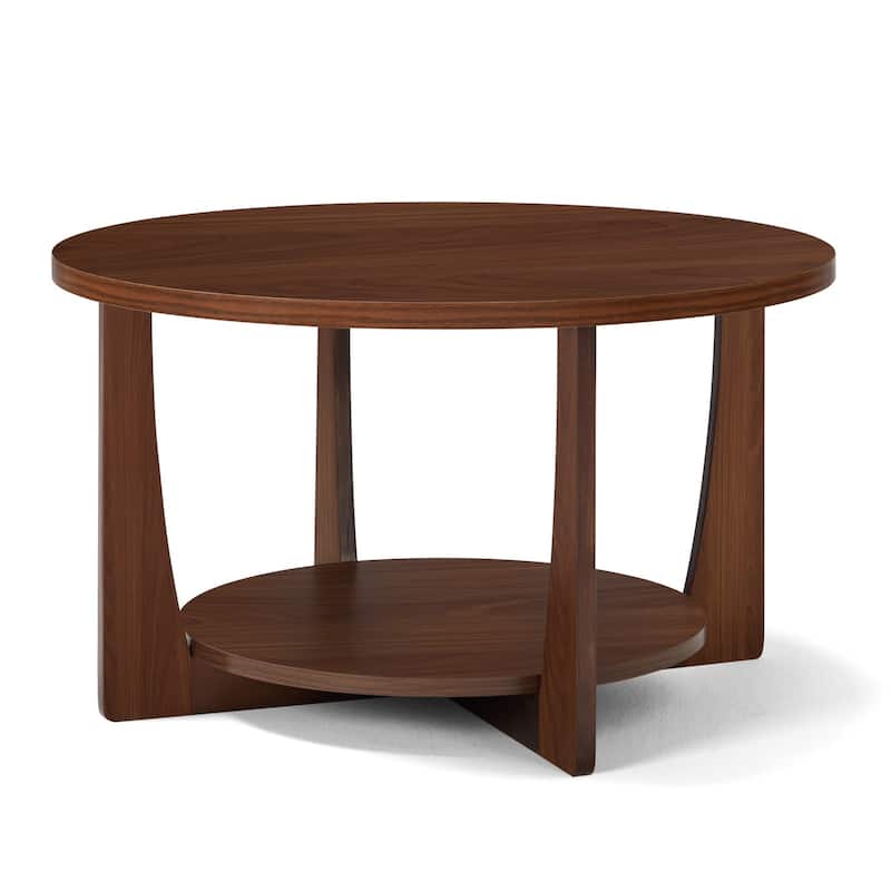 31.5" Round Coffee Table with Solid Wood Legs and 2-Tier Storage - 31.5"Dia x 17.72"H