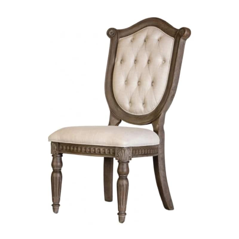 Hama Side Dining Chair Set of 2, Weathered Oak Wood, Tufted Beige Fabric