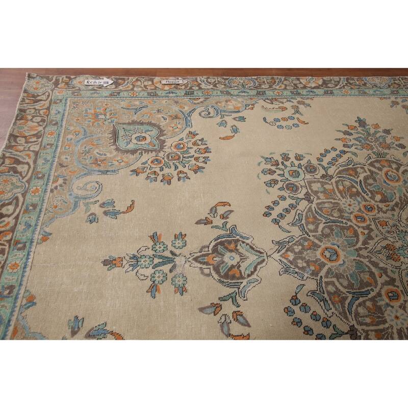 Hand Knotted Oriental 100% Wool Carpet Traditional Floral Beige & Ivories Tabriz Area Rug - 11' 6'' X 8' 7''