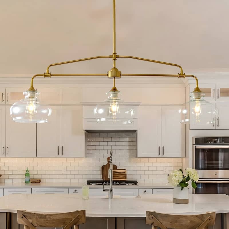 Brass Kitchen Island Light Linear Hanging Chandeliers Dining Room Light Fixture with Clear Glass Shades