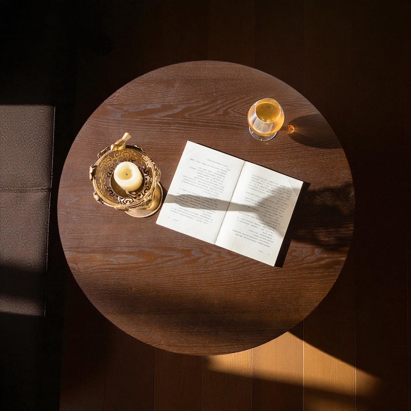 27.6'' Round Wooden Lift-Top Coffee Table with Hidden Storage, Handcrafted Relief Pedestal Tea Table for Living Room