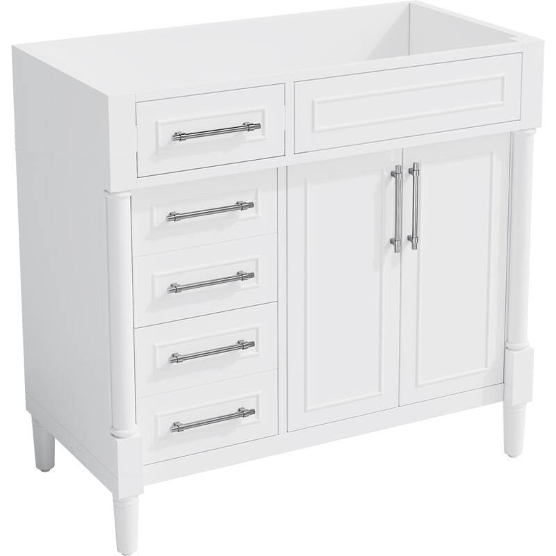 Roomfitters 36" Vanity Cabinet Without Sink, Solid Wood Storage Unit with 2 Drawers, Tip-out Tray and Adjustable Shelf, White