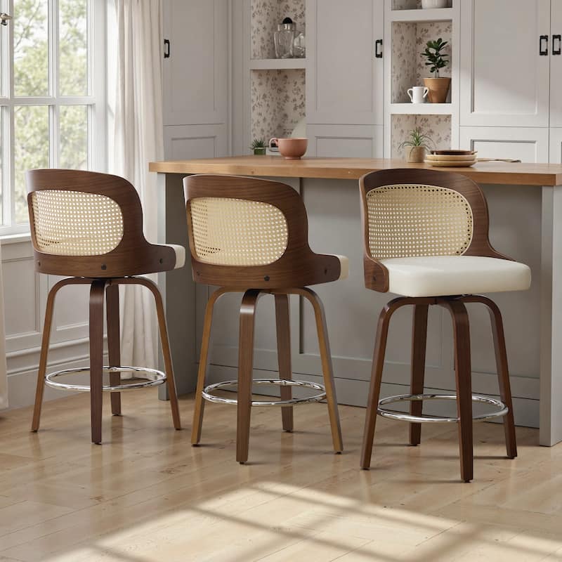 26" Upholstered Swivel Counter & Bar Stool with Rattan Back - 37.4"H x 19.09"W x 19.88"D
