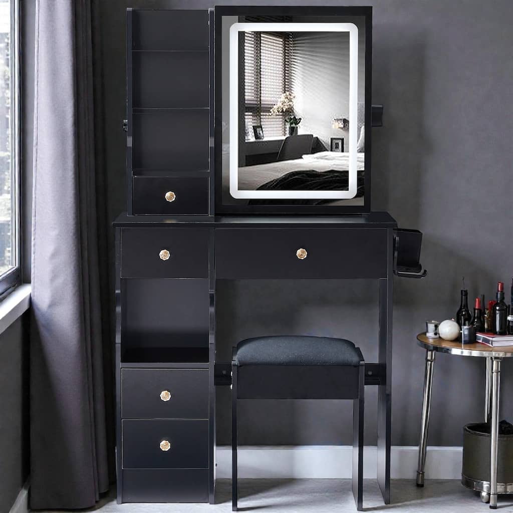 29.2'' Small Vanity Table with LED Mirror, 2 AC & 2 USB Outlets, Drawer & Stool, Touch Control Tri-Color Lighting