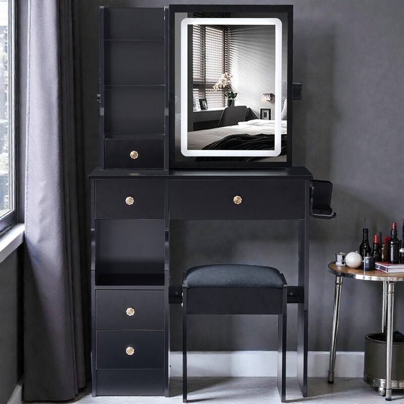 29.2'' Small Vanity Table with LED Mirror, 2 AC & 2 USB Outlets, Drawer & Stool, Touch Control Tri-Color Lighting - Black