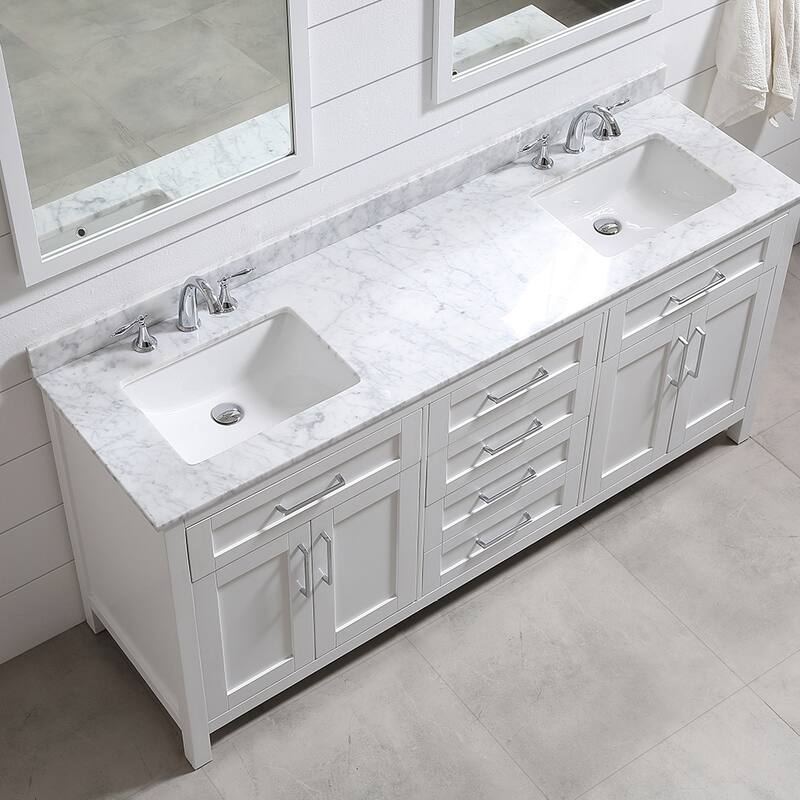 Tahoe 72 Vanity in White with White Carrera Marble Top and Mirror