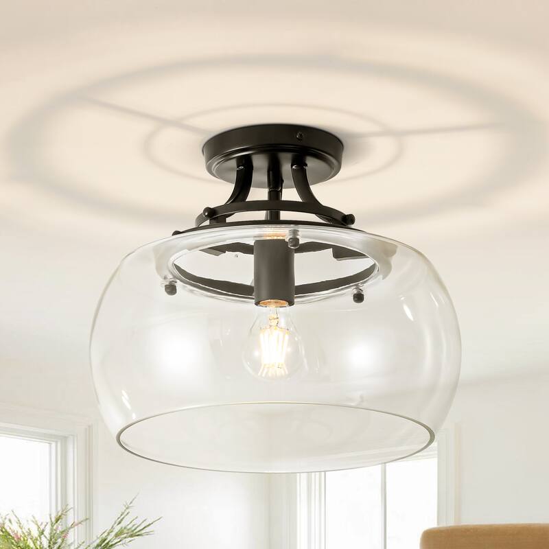 1-Light 13.8" W Modern Schoolhouse Matte Black Semi-Flush Mount Ceiling Light with Clear Dome Glass Shade for Bedroom