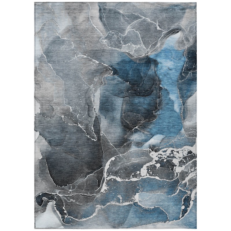 Machine Washable Indoor/ Outdoor Chantille Abstract Blue Rug