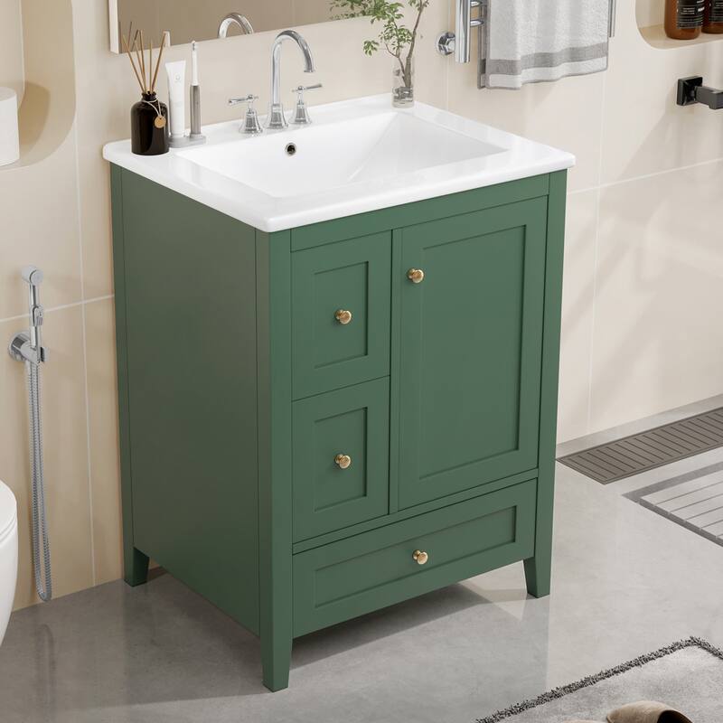 24-Inch Bathroom Vanity with Storage, Adjustable Shelf - Dark Green