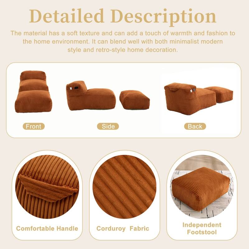 Corduroy Upholstered Lounger Large Ergonomic Support Compressed Bean Bag Sofa with Ottoman