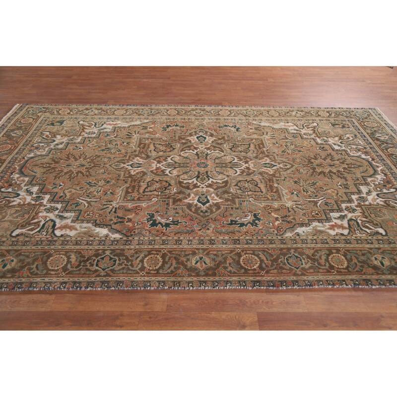 Hand Knotted Oriental 100% Wool Carpet Traditional Floral Oranges & Rust Heriz Area Rug - 9' 9'' X 6' 6''