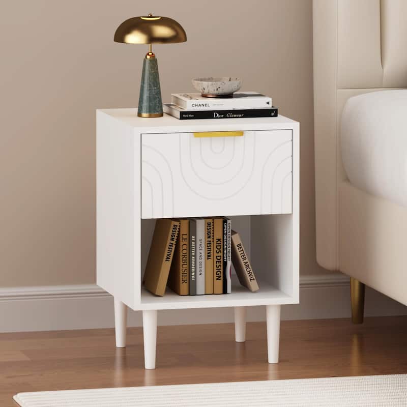 Modern White Nightstand with Gold Handle, 1 Drawer & Open Shelf