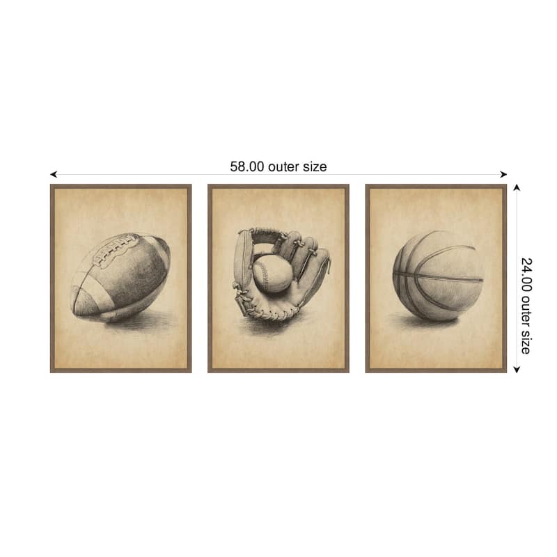 Kate and Laurel Walnut Antique Football 3 Piece Framed Canvas Wall Art Set by The Creative Bunch Studio