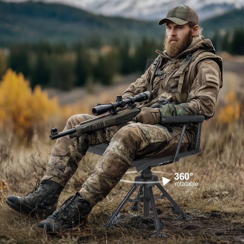360 Degree Swivel Hunting Chair, Silent Adjustable Blind Seat with Armrests, Cup Holder, No-Sink Feet & Carry Strap